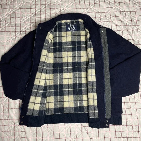 Woolrich Men Large Wool Jacket Navy Blue Plaid Lined Bomber Style Made USA - Picture 6 of 13